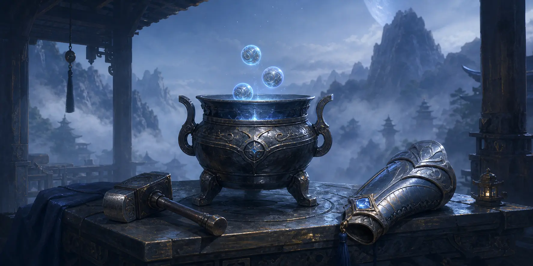 A crafted bracer and smithing hammer beside a glowing alchemy cauldron