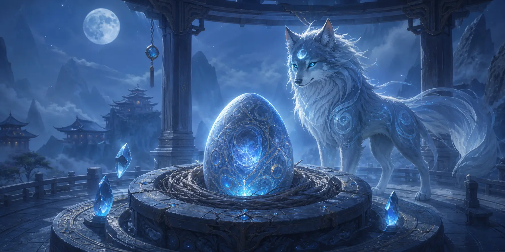 A celestial beast egg guarded by a moon-wolf companion in a mountain sanctuary