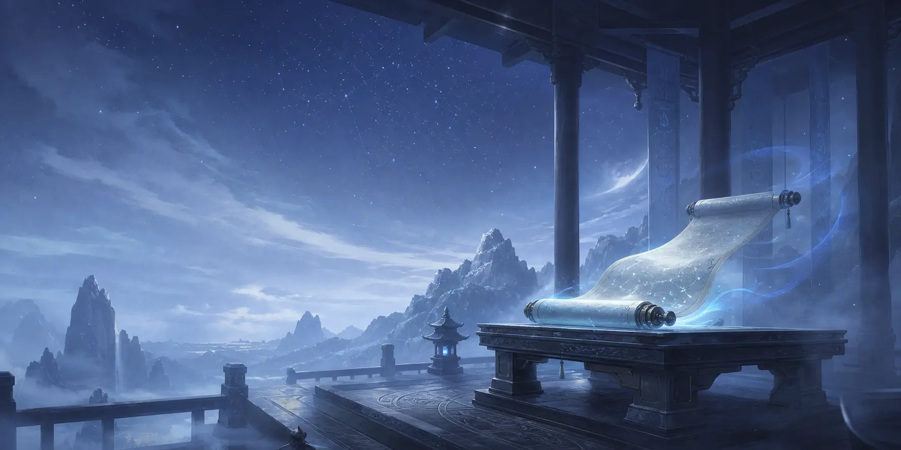 A glowing celestial scroll displayed in an open-air mountain archive