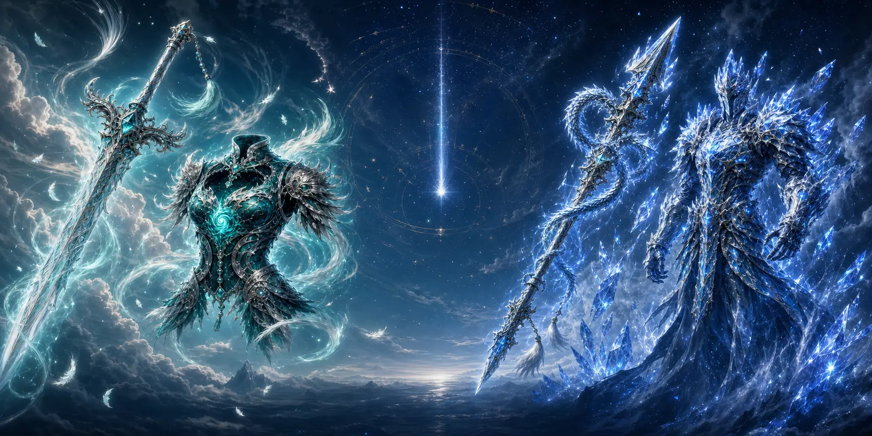 Celestial SS equipment artwork with the teal Mistress of Clouds gear opposite the crystalline Ice Emperor armor and spear beneath a falling star