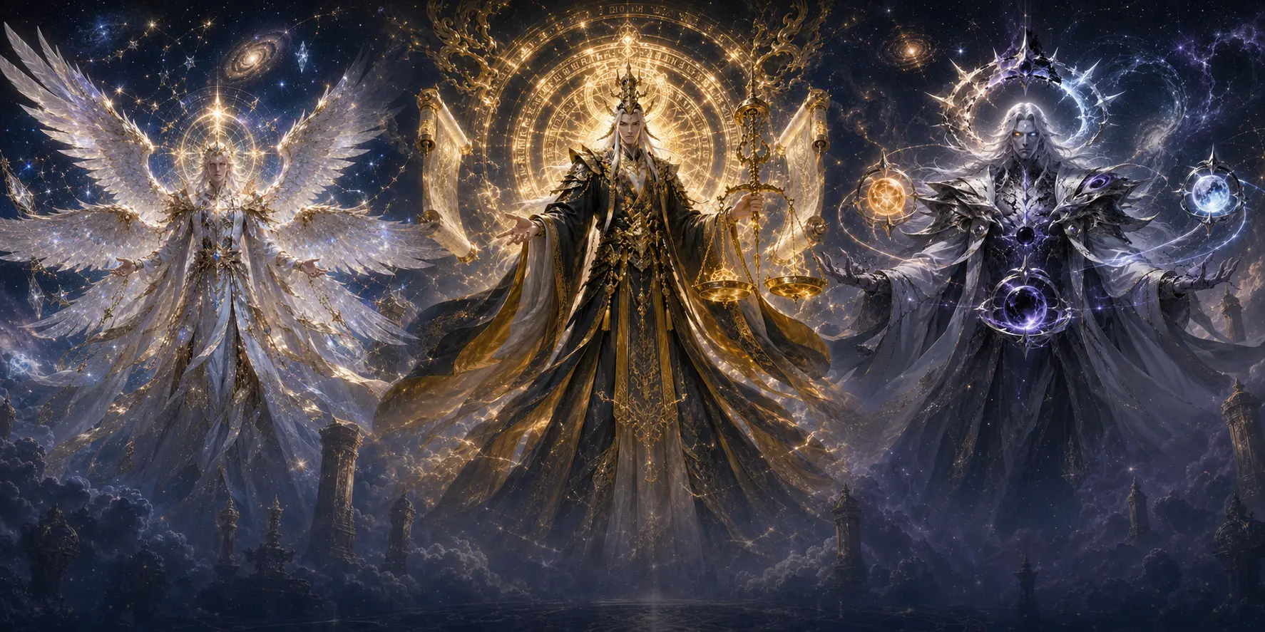 The Seraph of the First Star, Heavenly Arbiter, and Crownless Divinity assembled beneath celestial sigils for the Divine Trials