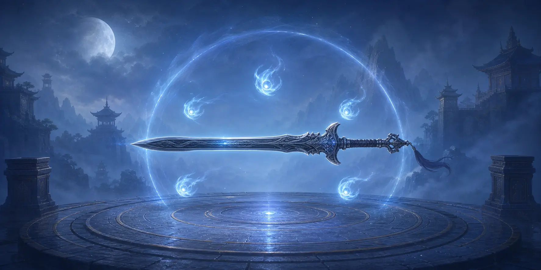 A ceremonial sword surrounded by five technique wisps and a Qi halo