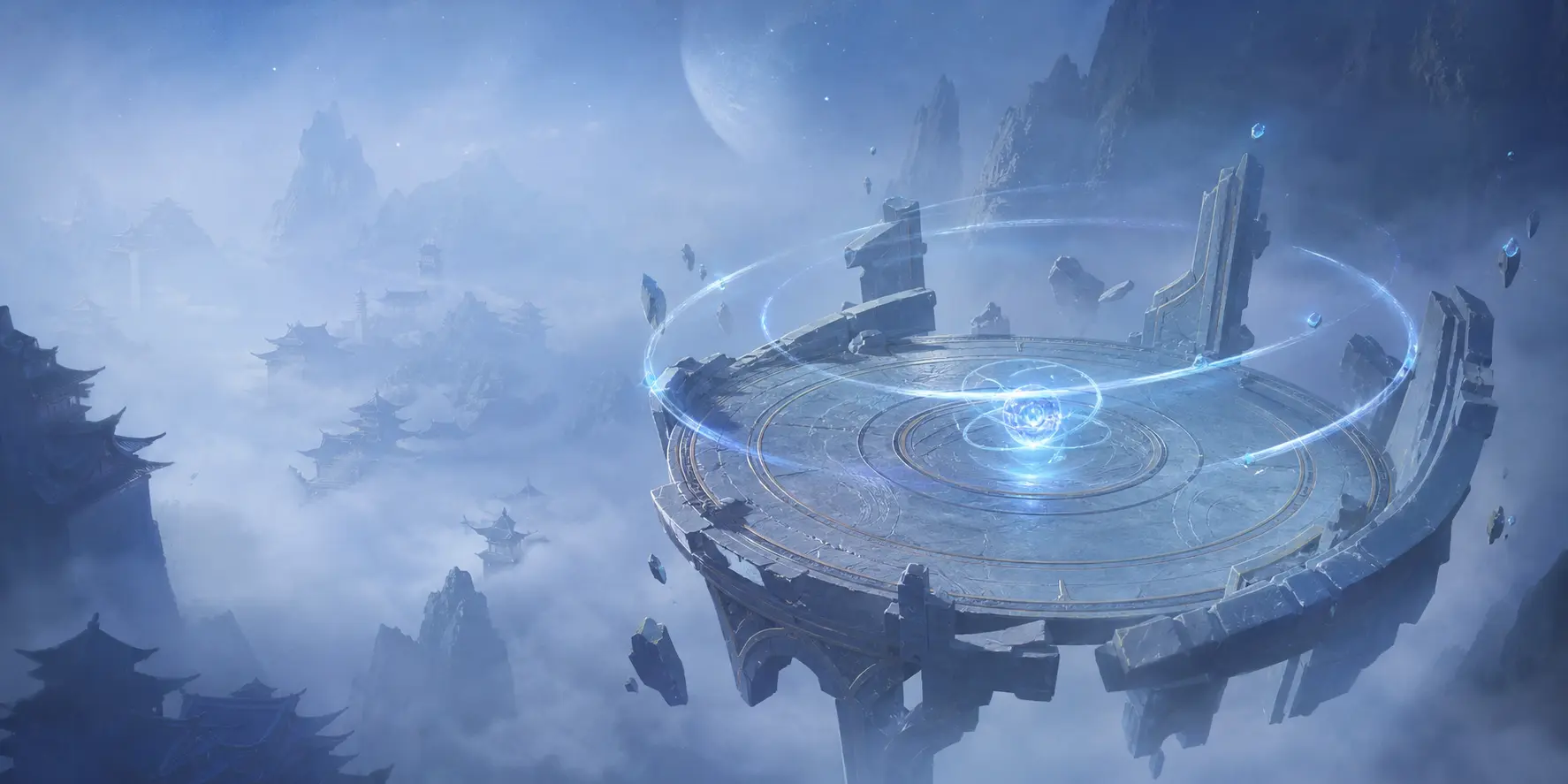A celestial cultivation dais floating above misty mountain pavilions