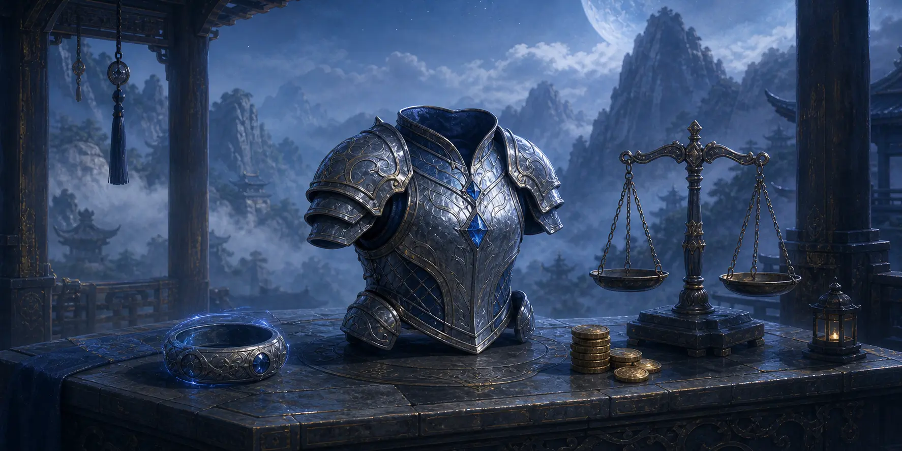 Silver-blue armor, a storage ring, coins, and merchant scales in a mountain treasury