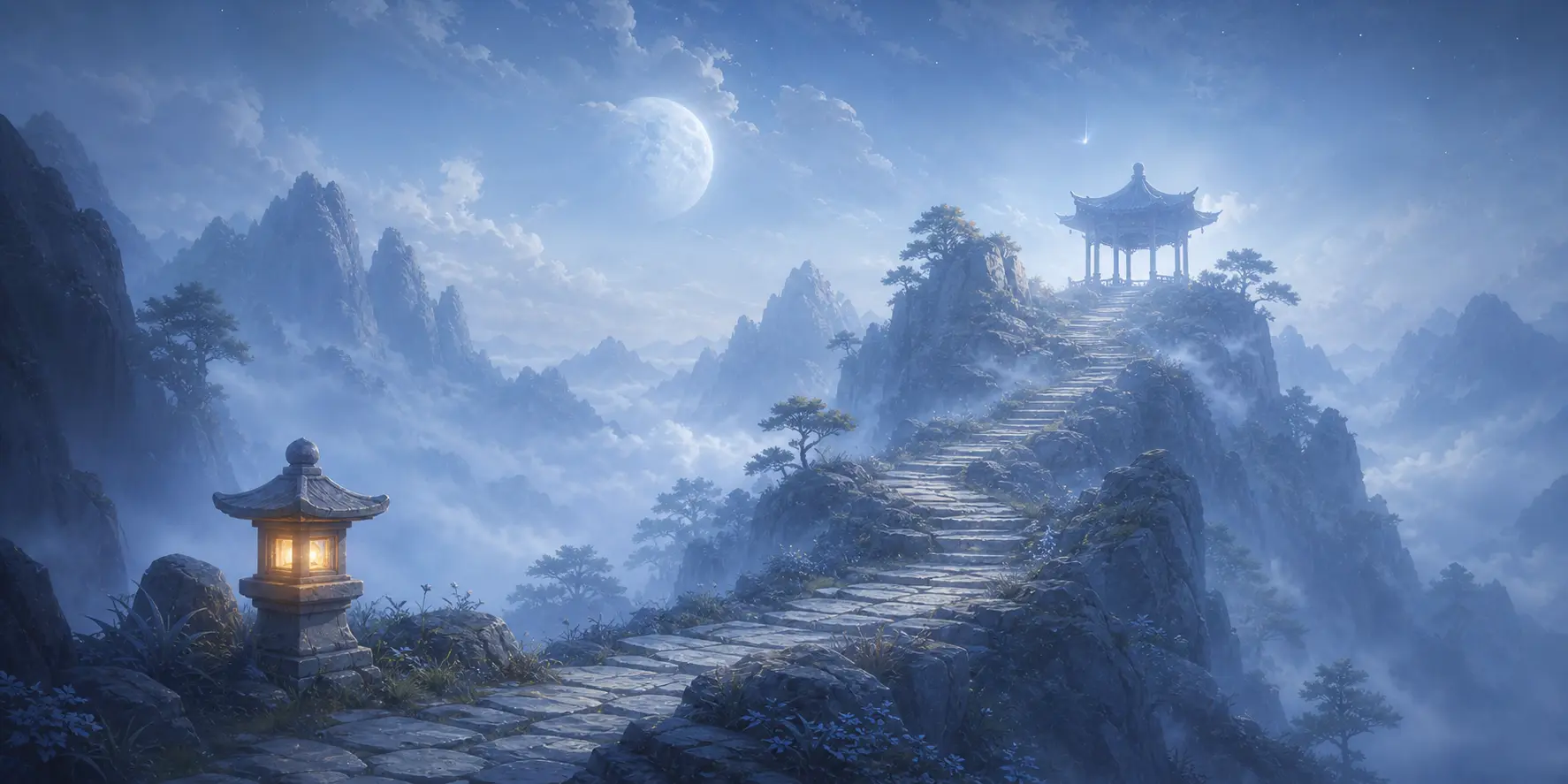 A lantern-lit stone path climbing through mist toward a mountain pavilion