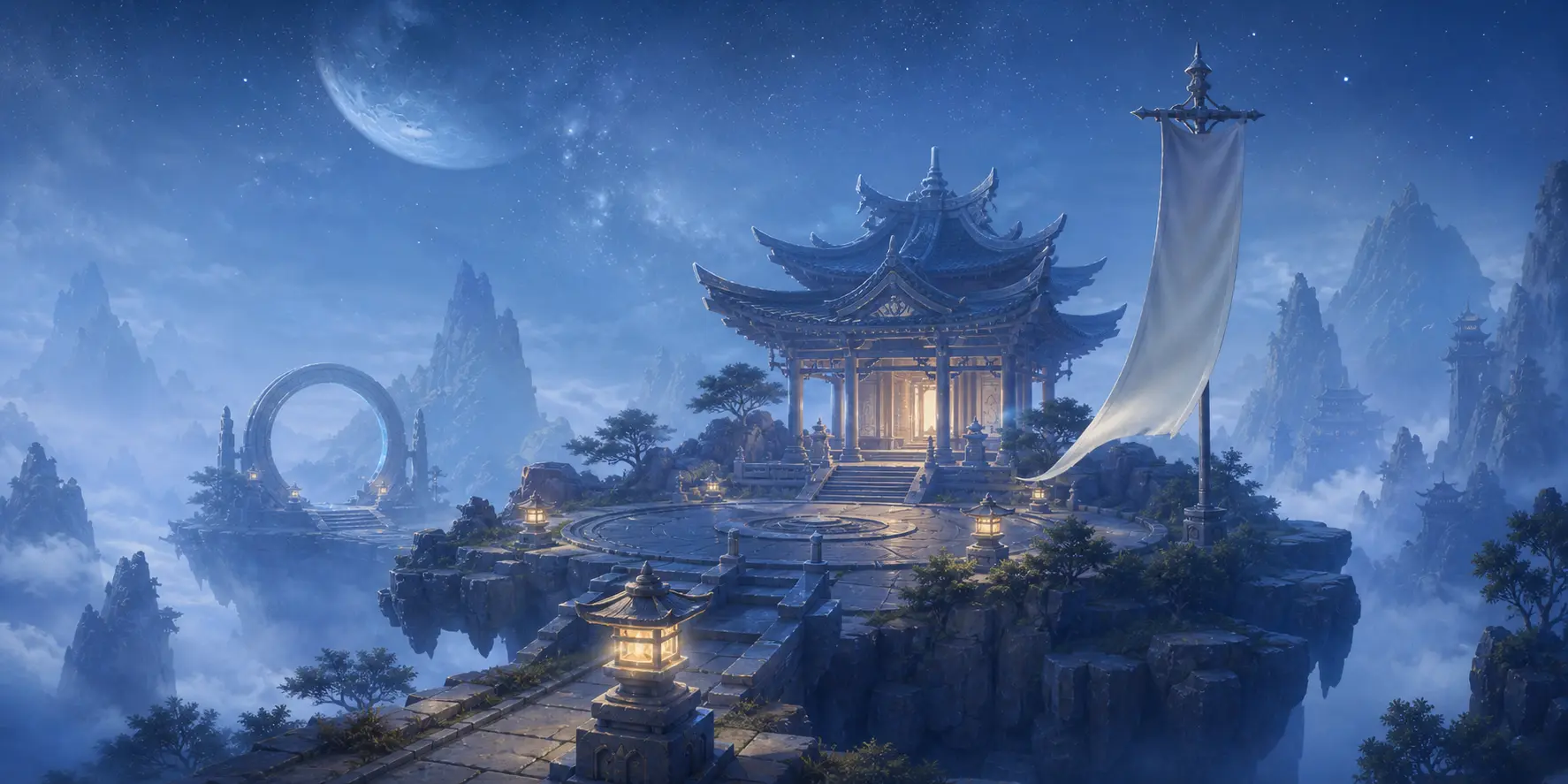 A mountain Sect pavilion and training courtyard beneath a moonlit sky