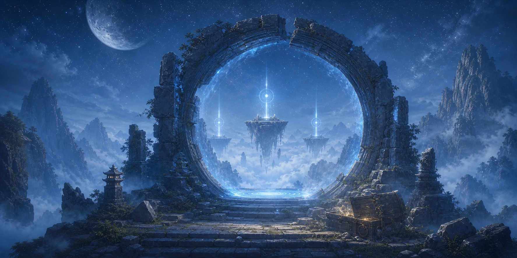Ancient mountain ruins opening into a celestial trial portal with distant platforms